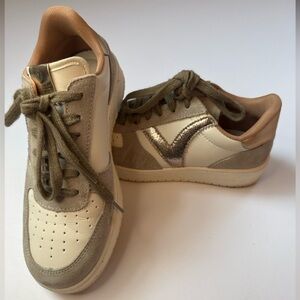 Victoria Size 7 Neutral Suede & Leather Sneakers Metallic Detail Lace Up